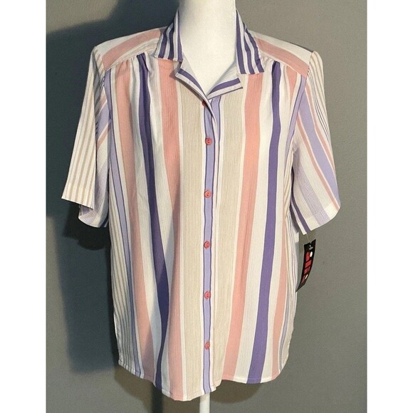 NEW Alia Blouse VINTAGE Striped Short Sleeve Button Down Purple Pink Women’s 12 - Picture 2 of 5